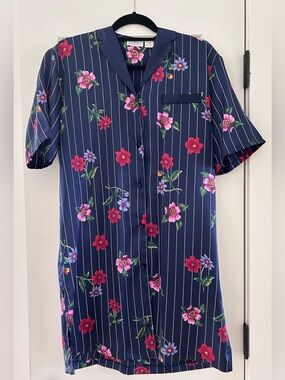 Vintage Navy Floral pinstripe Button-Front sleep Shirt Dress